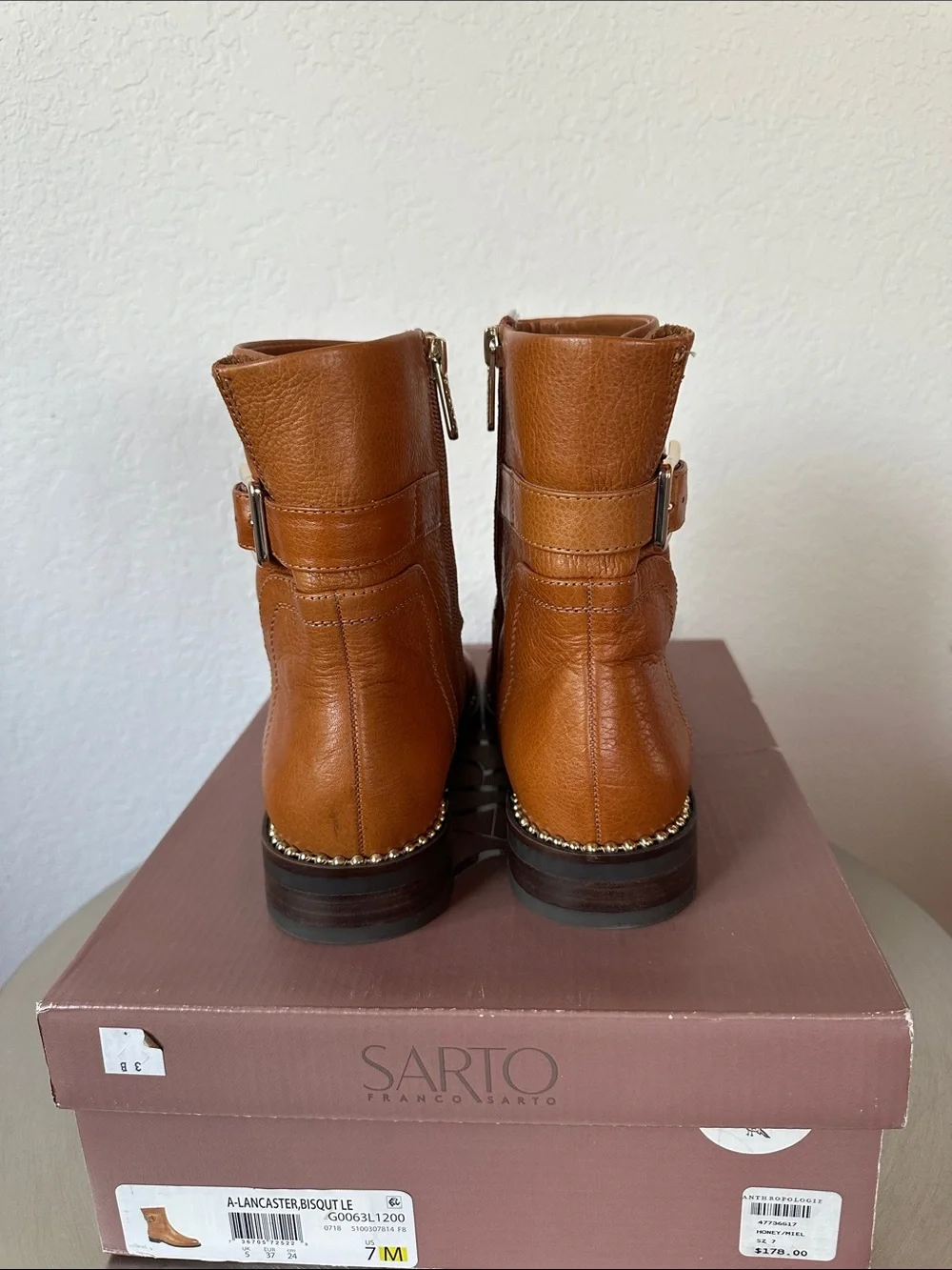 Franco Sarto Cognac Leather Ankle Boots with Buckle